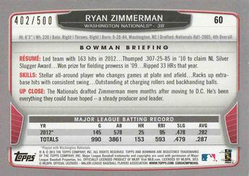 2013 Bowman - Blue #60 Ryan Zimmerman Back