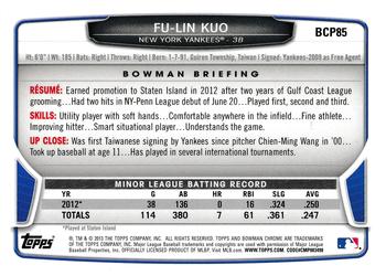 2013 Bowman - Chrome Prospects #BCP85 Fu-Lin Kuo Back