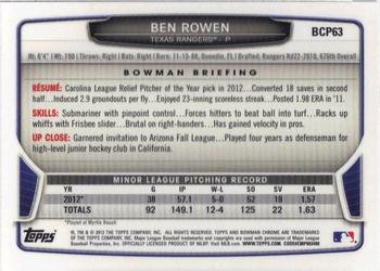 2013 Bowman - Chrome Prospects #BCP63 Ben Rowen Back