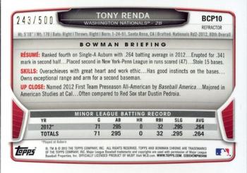 2013 Bowman - Chrome Prospects Refractors #BCP10 Tony Renda Back
