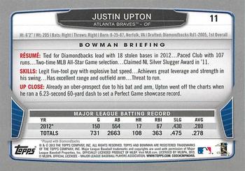 2013 Bowman - Gold #11 Justin Upton Back