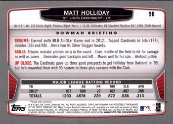 2013 Bowman - Gold #98 Matt Holliday Back