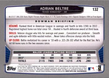 2013 Bowman - Gold #132 Adrian Beltre Back