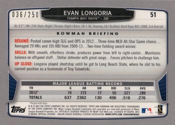 2013 Bowman - Orange #51 Evan Longoria Back
