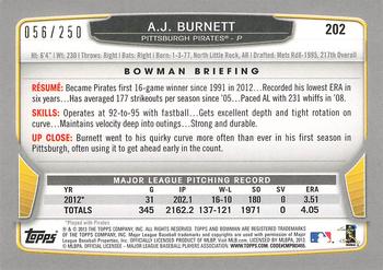 2013 Bowman - Orange #202 A.J. Burnett Back