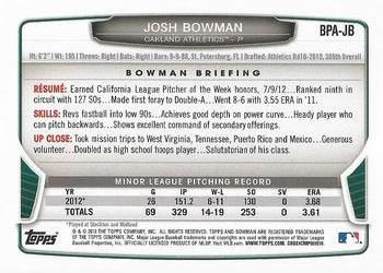 2013 Bowman - Prospect Autographs #BPA-JB Josh Bowman Back