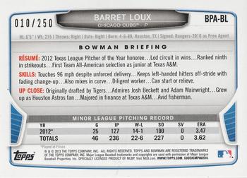 2013 Bowman - Prospect Autographs Orange #BPA-BL Barret Loux Back
