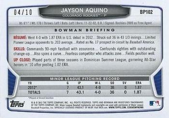 2013 Bowman - Prospects Purple Ice #BP102 Jayson Aquino Back