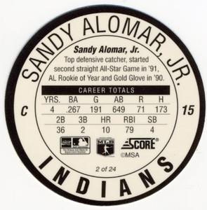 1992 Score Coca-Cola/Hardee's Major League Line-Up Discs #2 Sandy Alomar, Jr. Back