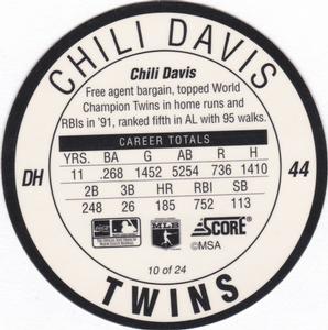 1992 Score Coca-Cola/Hardee's Major League Line-Up Discs #10 Chili Davis Back