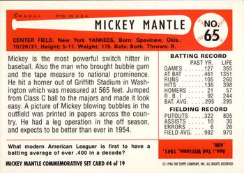 1996 Topps - Mickey Mantle Commemorative Reprints #4 Mickey Mantle Back