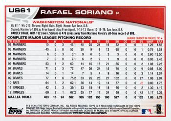 2013 Topps Update #US61 Rafael Soriano Back