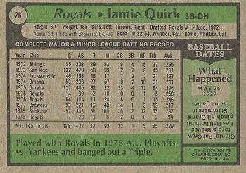 1979 Topps #26 Jamie Quirk Back