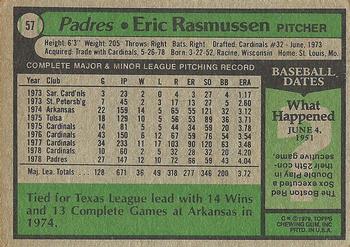 1979 Topps #57 Eric Rasmussen Back