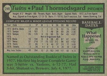1979 Topps #249 Paul Thormodsgard Back