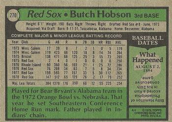 1979 Topps #270 Butch Hobson Back