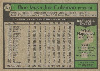 1979 Topps #329 Joe Coleman Back