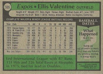 1979 Topps #535 Ellis Valentine Back