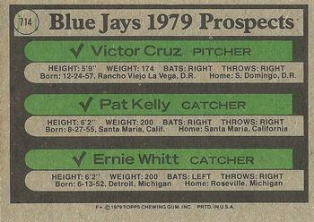 1979 Topps #714 Blue Jays 1979 Prospects (Victor Cruz / Pat Kelly / Ernie Whitt) Back