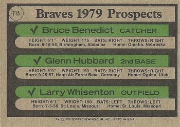 1979 Topps #715 Braves 1979 Prospects (Bruce Benedict / Glenn Hubbard / Larry Whisenton) Back