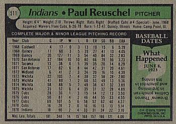 1979 Topps #511 Paul Reuschel Back
