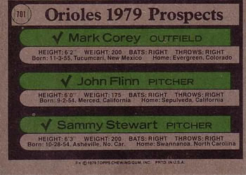 1979 Topps #701 Orioles 1979 Prospects (Mark Corey / John Flinn / Sammy Stewart) Back