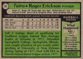 1979 Topps #81 Roger Erickson Back