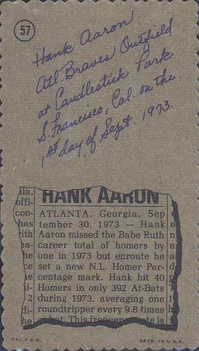 1974 Topps Deckle #57 Hank Aaron Back