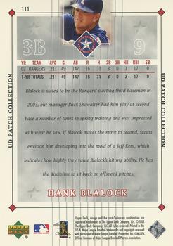 2003 UD Patch Collection #111 Hank Blalock Back