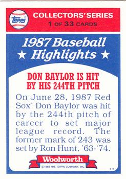 1988 Topps Woolworth Baseball Highlights #1 Don Baylor Back