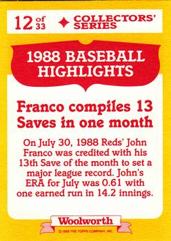 1989 Topps Woolworth Baseball Highlights #12 John Franco Back