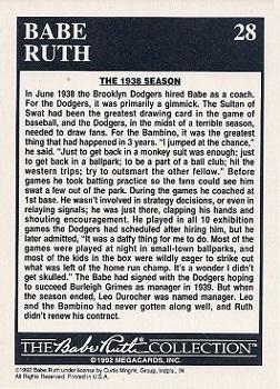 1992 Megacards Babe Ruth #28 Babe Coaches the Dodgers Back