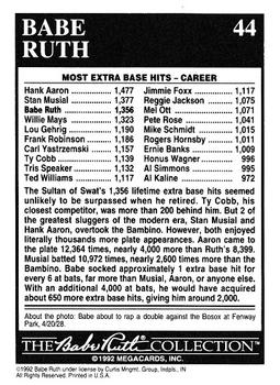 1992 Megacards Babe Ruth #44 Lifetime - 1,356 Extra Base Hits  Back
