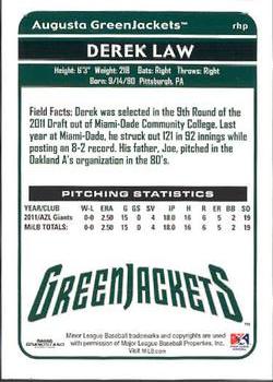 2012 Grandstand Augusta GreenJackets #NNO Derek Law Back