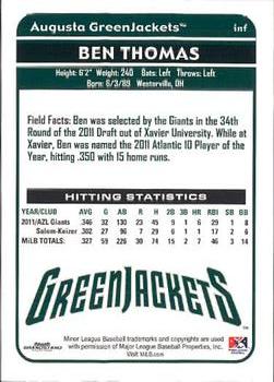 2012 Grandstand Augusta GreenJackets #NNO Ben Thomas Back
