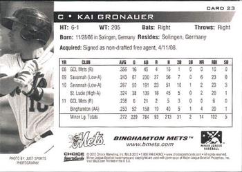 2012 Choice Binghamton Mets #23 Kai Gronauer Back