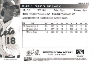 2012 Choice Binghamton Mets #6 Greg Peavey Back