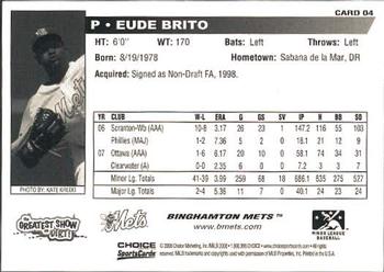 2008 Choice Binghamton Mets #4 Eude Brito Back