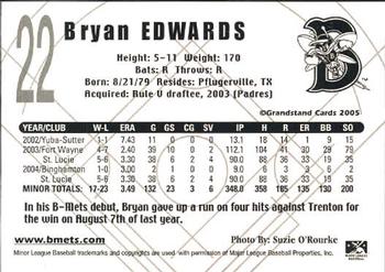 2005 Grandstand Binghamton Mets #NNO Bryan Edwards Back