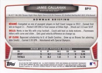 2013 Bowman - Prospects Silver Ice #BP11 Jamie Callahan Back