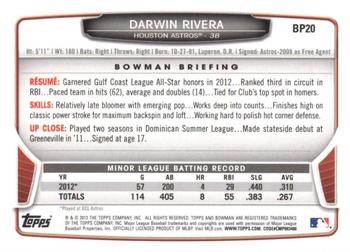 2013 Bowman - Prospects Silver Ice #BP20 Darwin Rivera Back