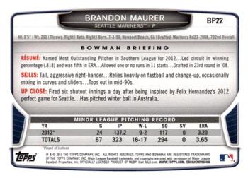 2013 Bowman - Prospects Silver Ice #BP22 Brandon Maurer Back