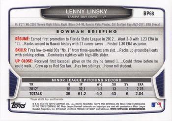 2013 Bowman - Prospects Silver Ice #BP68 Lenny Linsky Back
