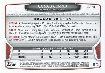 2013 Bowman - Prospects Silver Ice #BP100 Carlos Correa Back