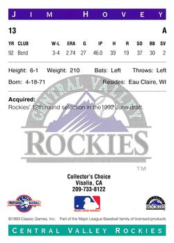 1993 Classic Best Central Valley Rockies #13 Jim Hovey Back