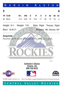 1993 Classic Best Central Valley Rockies #3 Garvin Alston Back