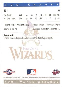 1993 Classic Best Fort Wayne Wizards #13 Tom Knauss Back