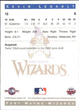 1993 Classic Best Fort Wayne Wizards #15 Kevin Legault Back