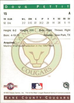 1993 Classic Best Kane County Cougars #15 Doug Pettit Back