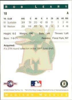 1993 Classic Best Madison Muskies #18 Rob Leary Back